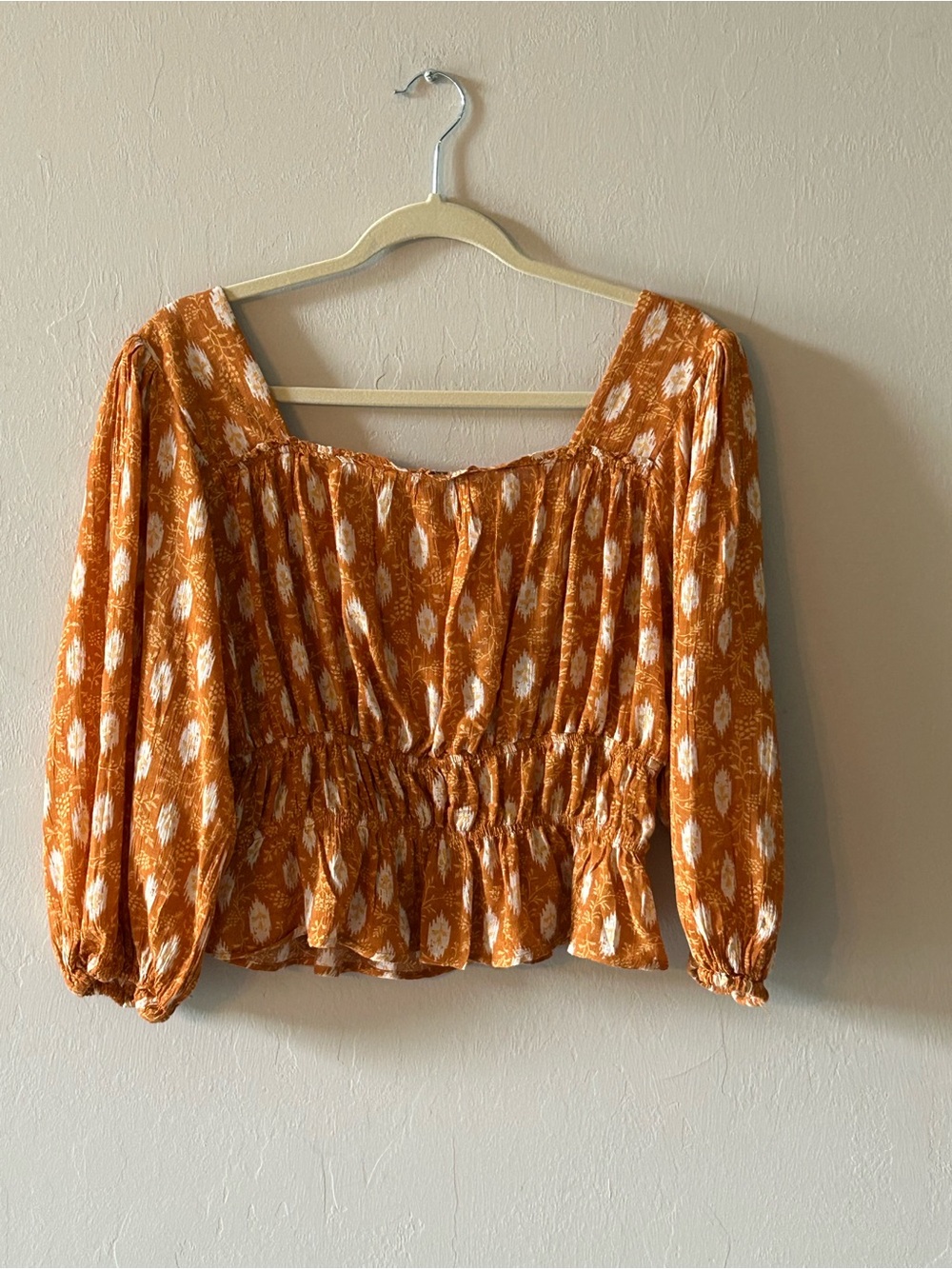 Haute Hippie Chic Orange White Peasant Top S Smocked Waist Boho Festival Summer - Picture 2 of 5